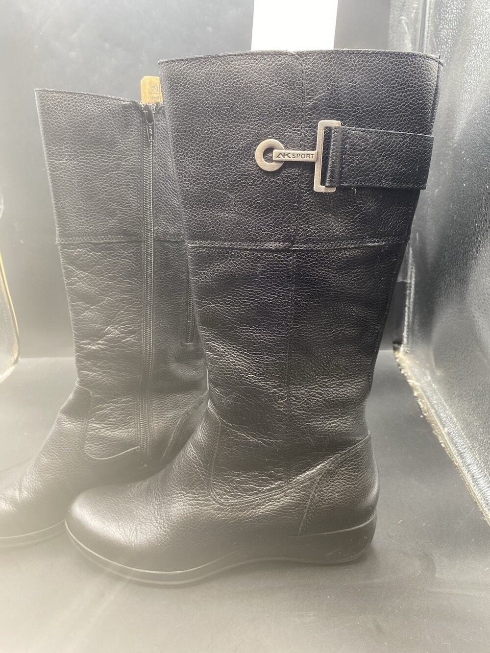 Anne Klein Leather Boots Women's 6M Wedge Double Zipper Silver Buckle